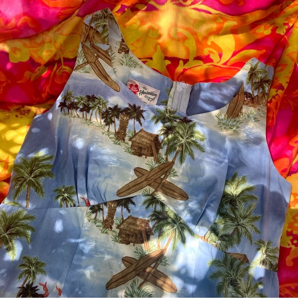 Hilo Hatties 1990s tropical Hawaiian light blue sleeveless sheath dress size 14 - Picture 10 of 15